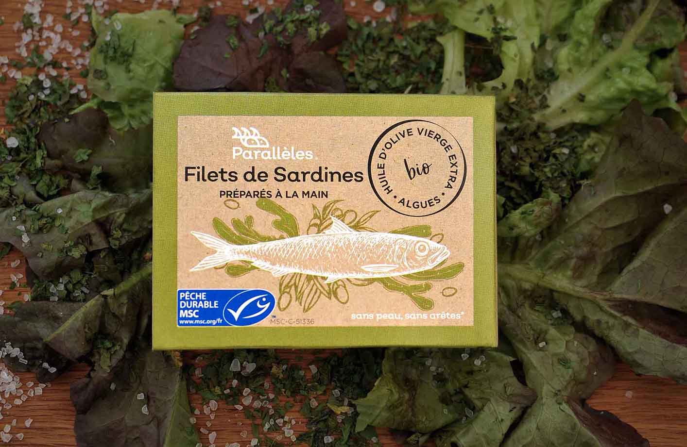 Filets de sardines MSC à l'huile d'olive et algues bio. 105g-Conserves Parallèles