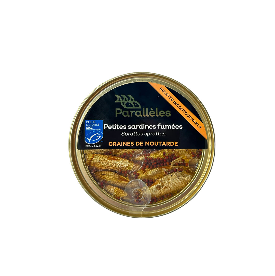 Petites sardines (Sprats) fumées MSC à l'huile de colza et aux graines de moutardes
