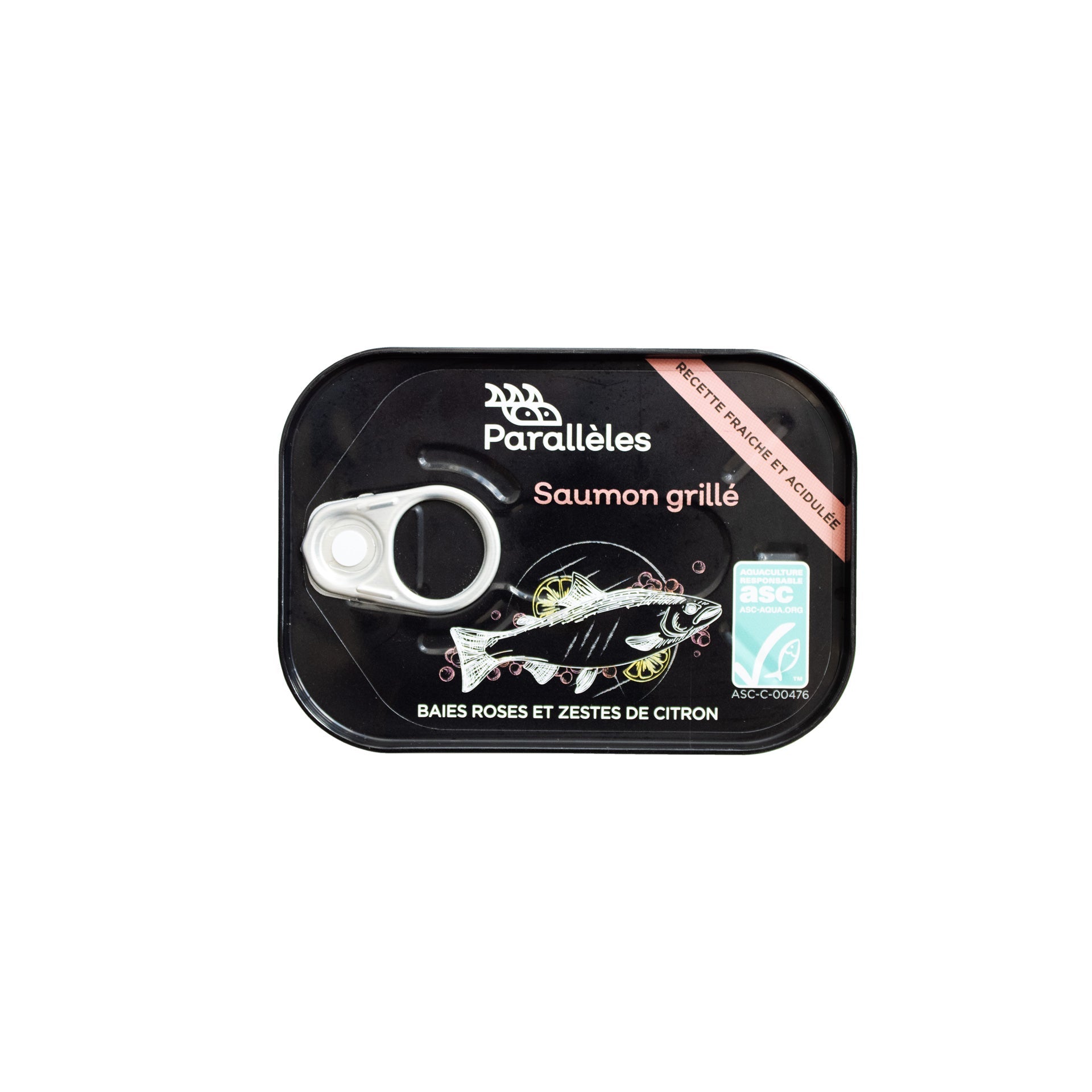 Saumon grillé aux baies roses, zestes et arôme naturel de citron - ASC - 110g - Conserves Parallèles 