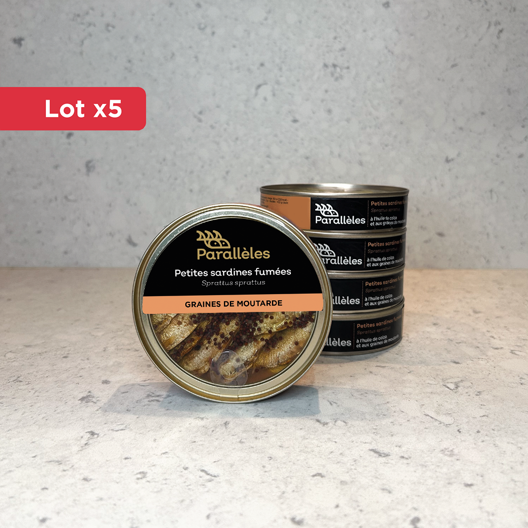 Lot x5 Petites sardines (Sprats) fumées à l'huile de colza et aux graines de moutardes