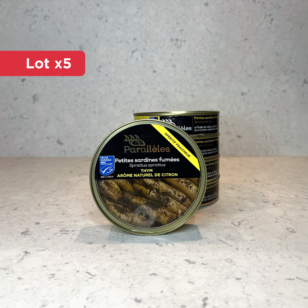 Lot x5 Petites sardines (Sprats) fumées MSC à l'huile de colza - touche de thym et de citron